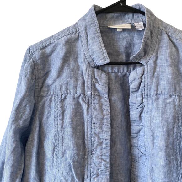 CHICO'S Linen Jacket Open Front 12 Chambray Blue Ripple Trim Roll Tab Sleeve - Picture 2 of 4